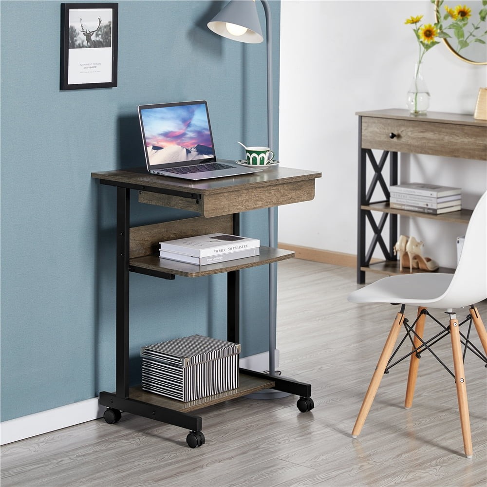 Rolling Computer Desk W/ 2 Storage Shelves & Drawer Compact Work Table Taupe