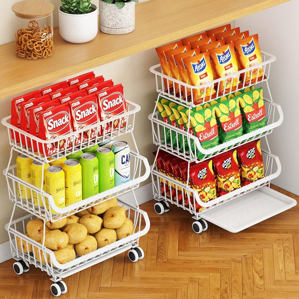 3Tier Rolling Pantry Cart w/Wheels Stackable Wire Storage Organizer White