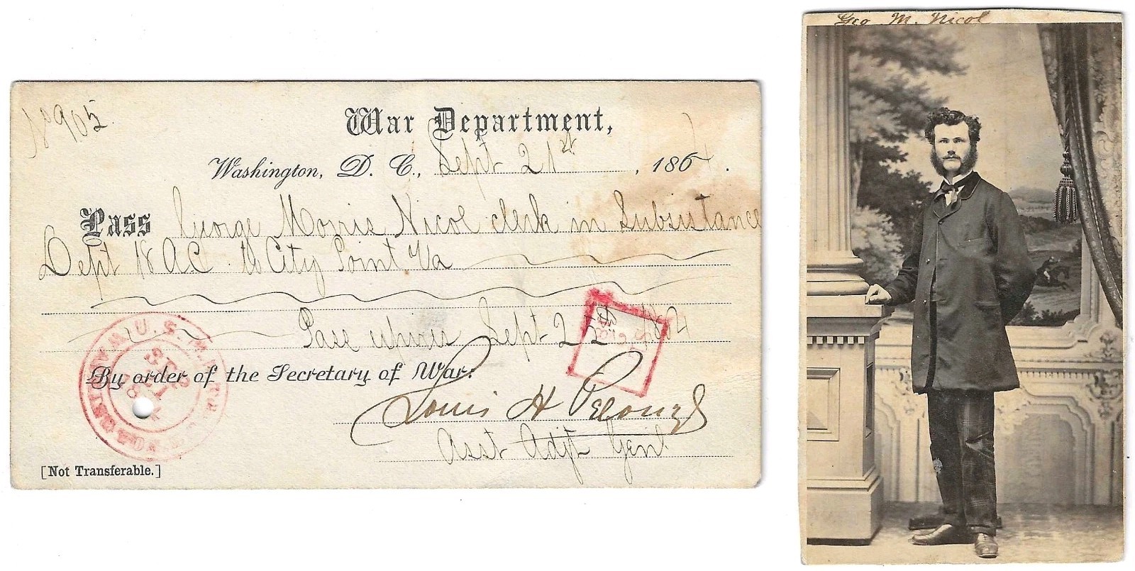 1864 Civil War Pass To City Point VA Washington DC CDV Photo Department Nicol