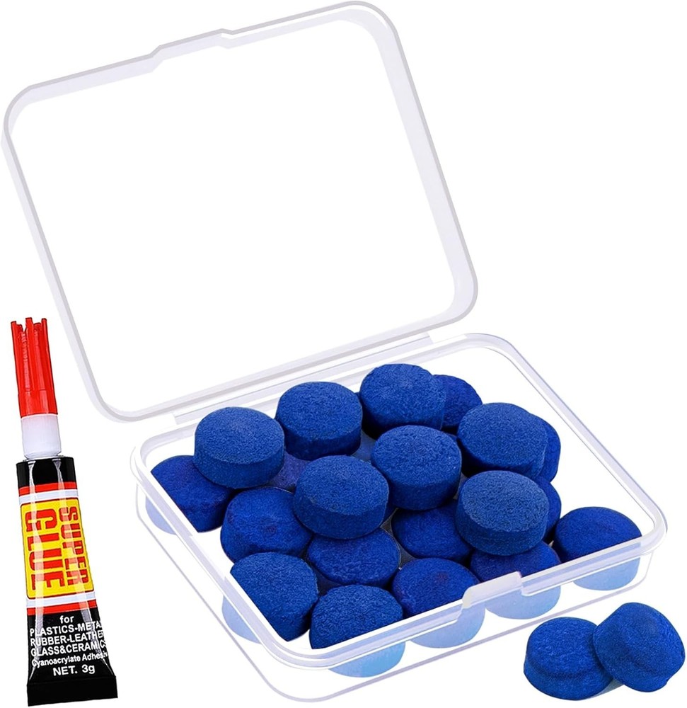 Pool Cue Tips Kit 25 Pcs 13mm Leather Replacement & Storage Box