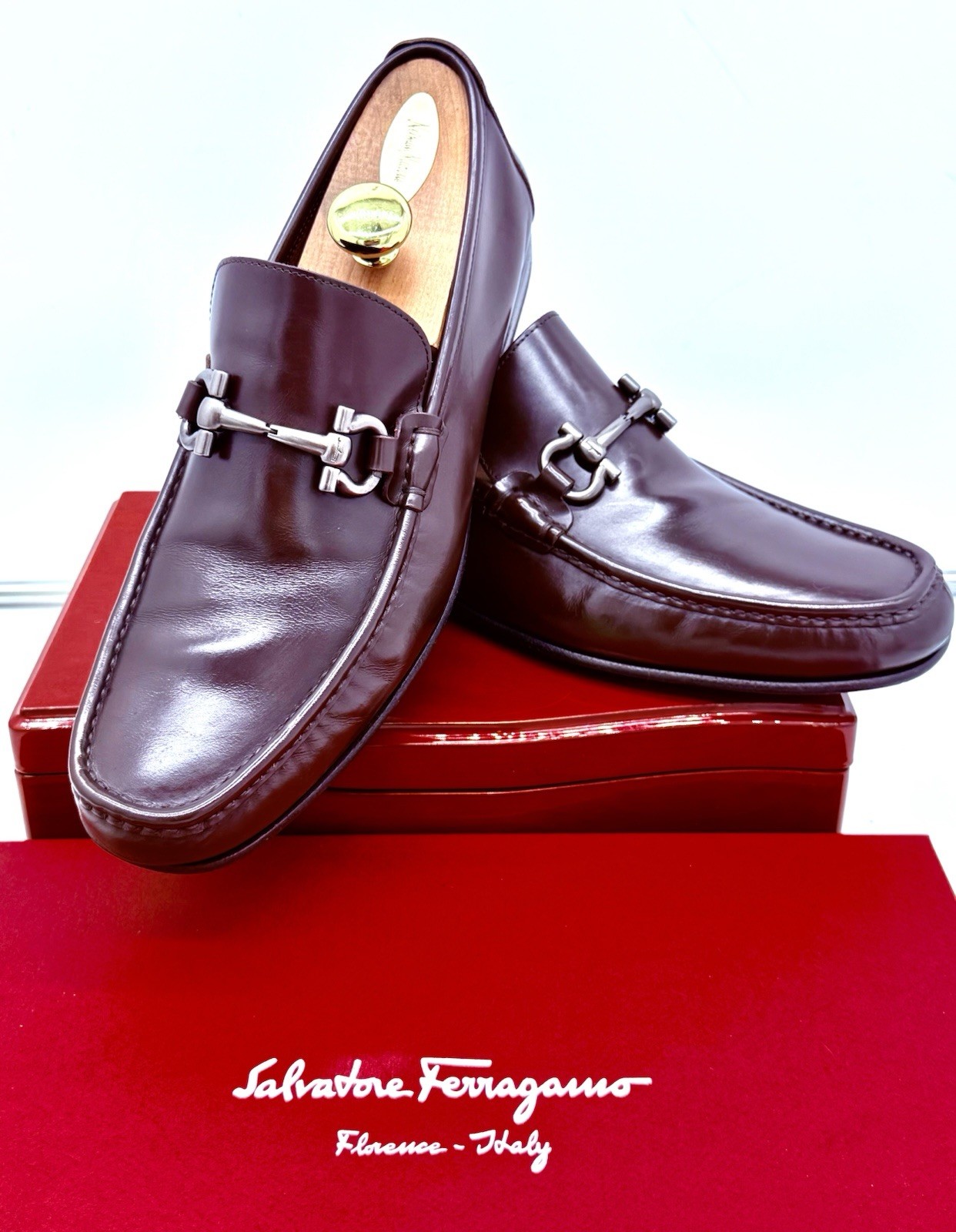 Ferragamo Mens Brown Loafers 9.5 Wide Gancini Horse Bit Leather Luxe Shoes