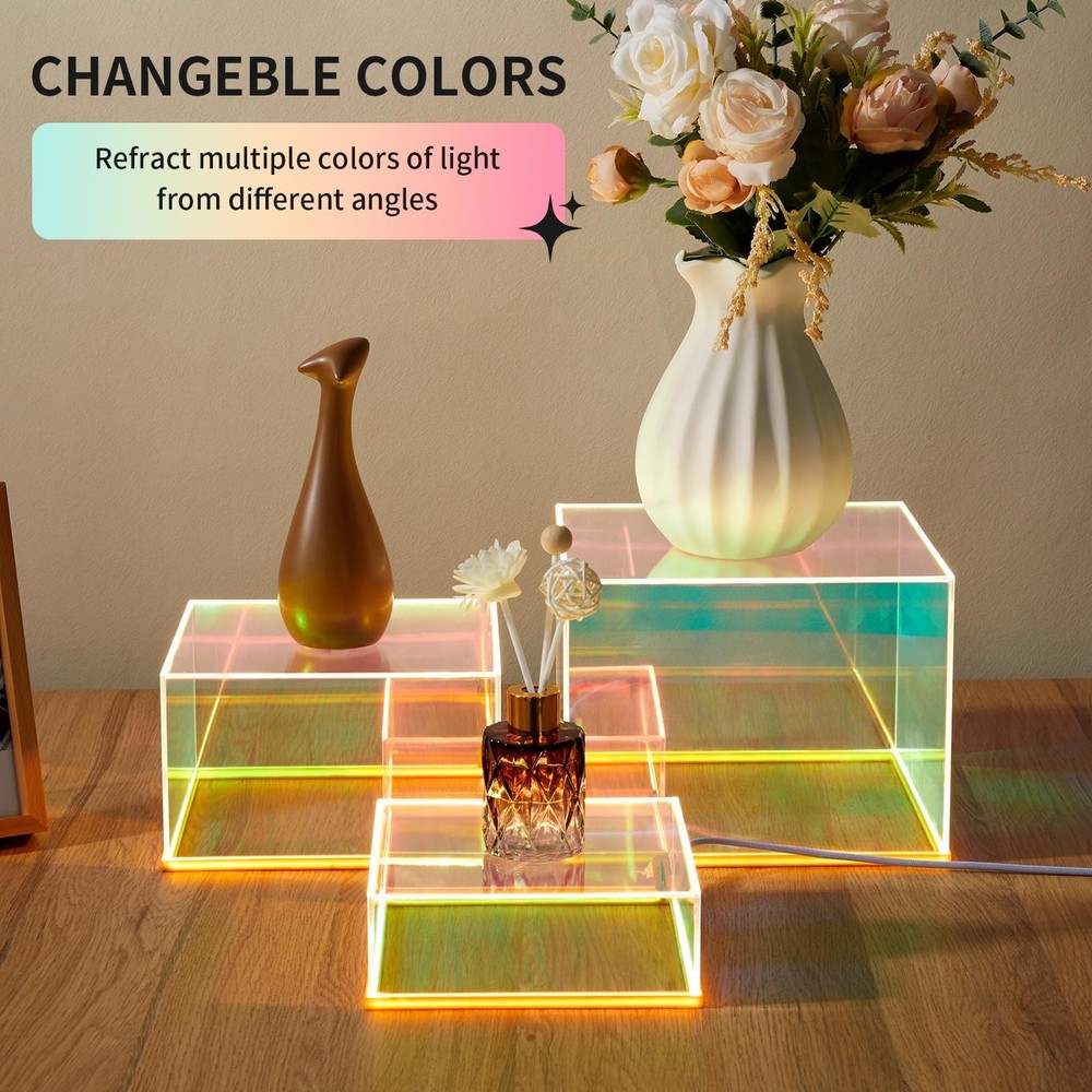 3Pcs Iridescent Acrylic Display Risers with light Plug and Play, Lighted Stac...