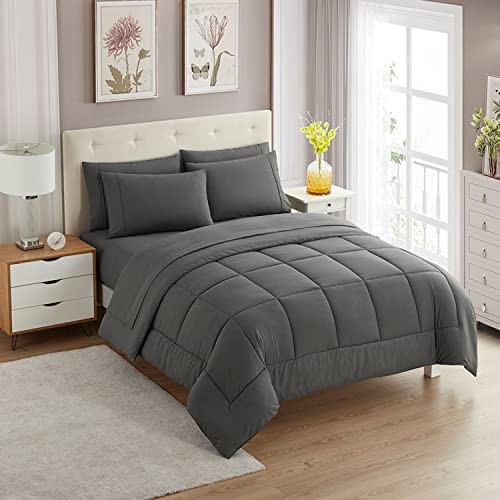 5 Piece Comforter Set Bag Solid Color All Season Soft Down Twin Gray