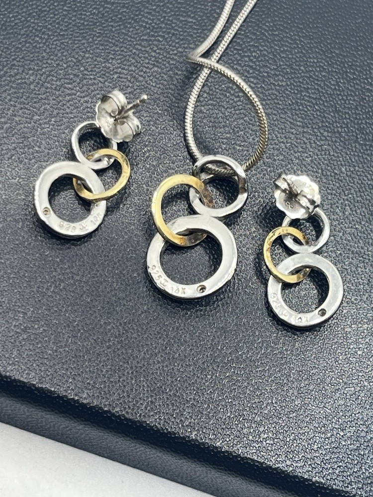 14k & sterling silver diamond interlocking circle earrings & necklace set