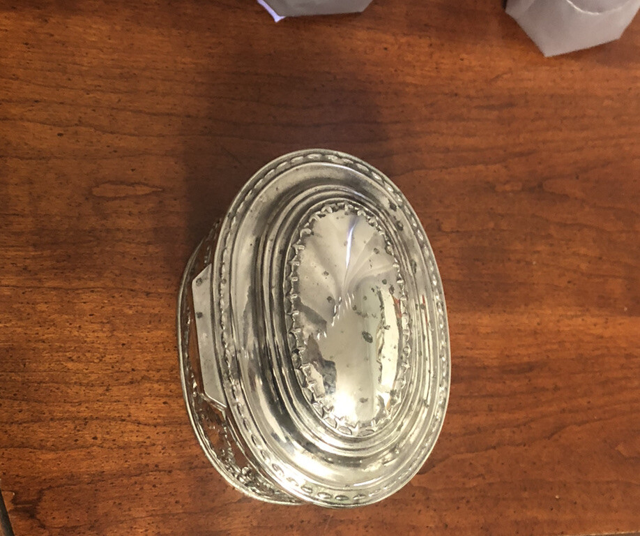 Vintage Style Silver Metal Jewelry Oval Box With A Red Velvet Lining