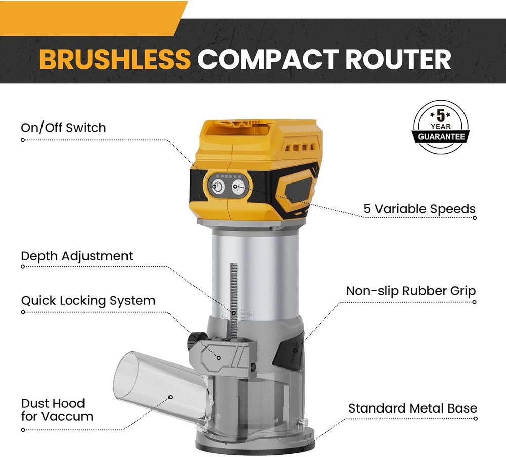 Lightweight Brushless Router with Adjustable Speed & Worklight – Ready to Use