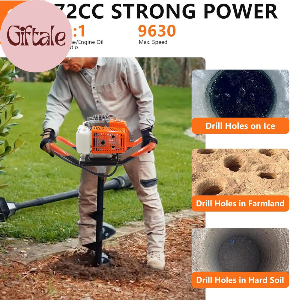 72CC , 2 Stroke Gas Powered Earth Post Hole Digger with 2 Auger Drill Bits(6" &