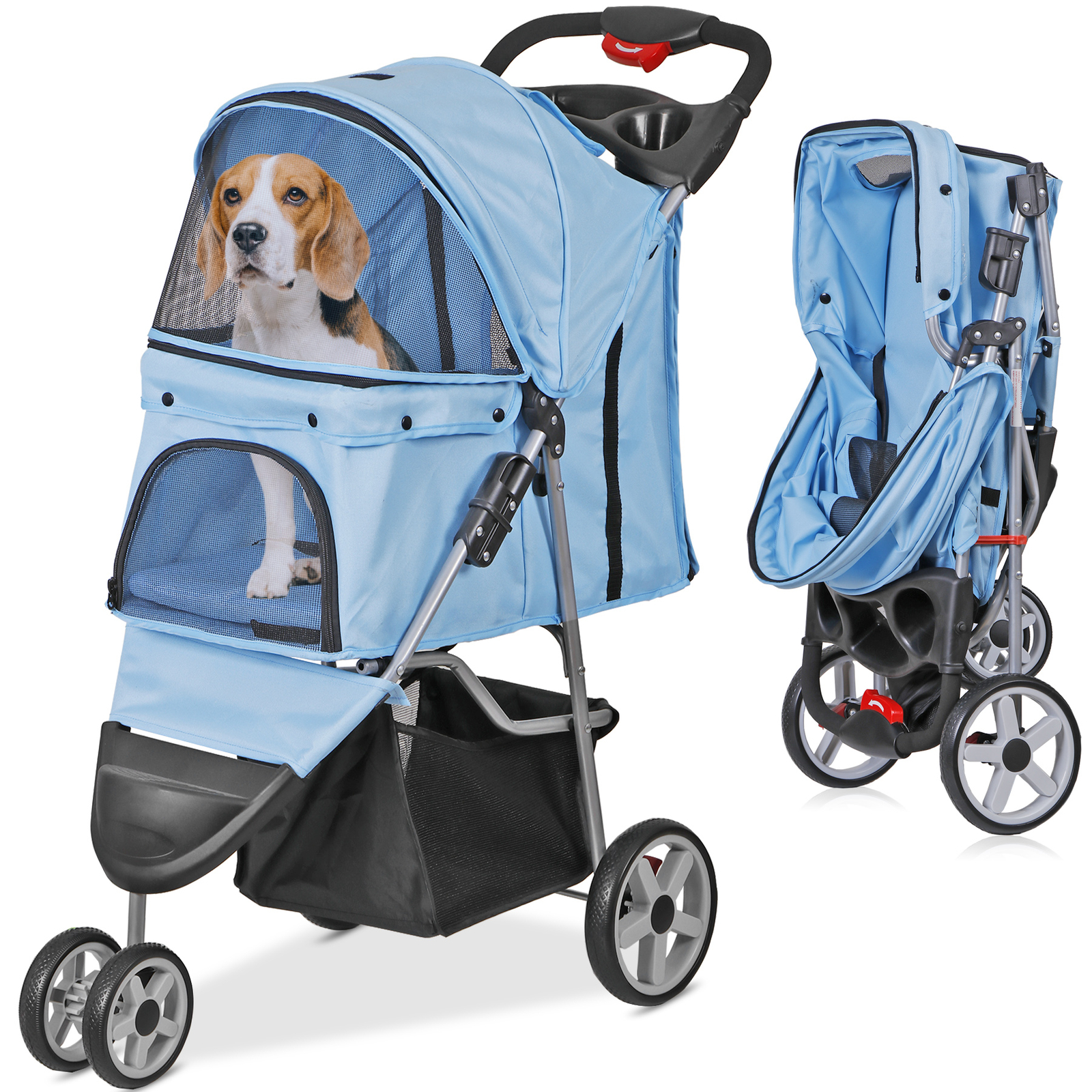 Pet Stroller Foldable 3 Wheels Dog Stroller Carrier Cart with Cup Holder Blue