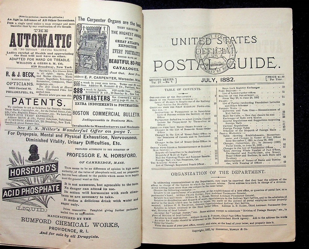 United States Official Postal Guide July 1882 Postmaster General Free Delivery