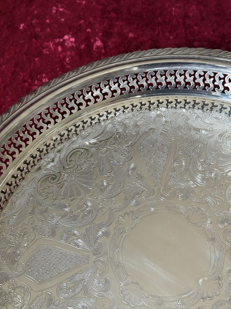 VTG Silver-plate 13” Tray Oneida USA with Scroll Etching Raised Rim Pierced.