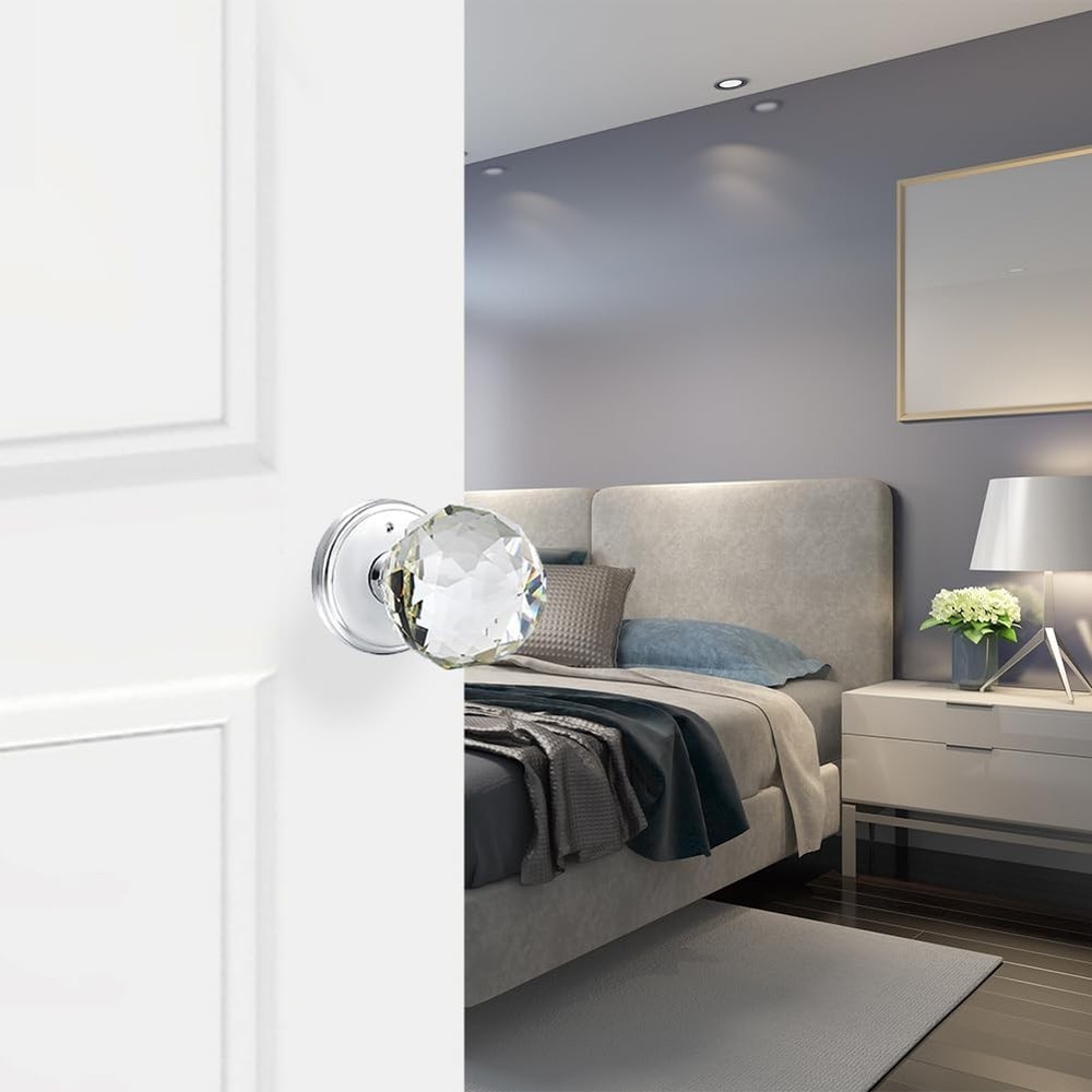 Crystal Glass Door Knobs Interior with Lock, Round .Privacy, Polished Chrome
