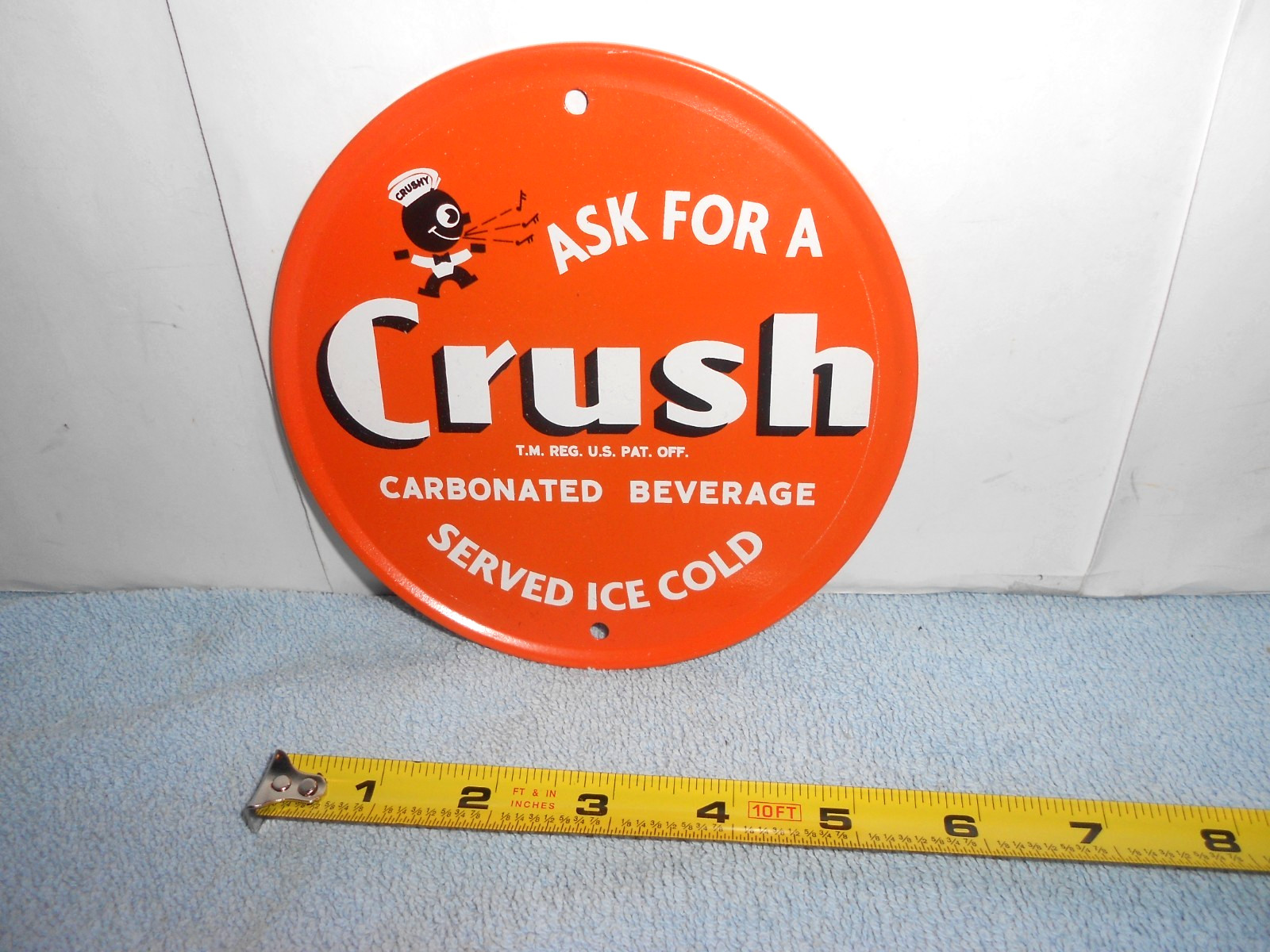 VINTAGE CRUSHY ORANGE CRUSH SODA POP ADVERTISING SIGN EMBOSSED TIN METAL TACKER