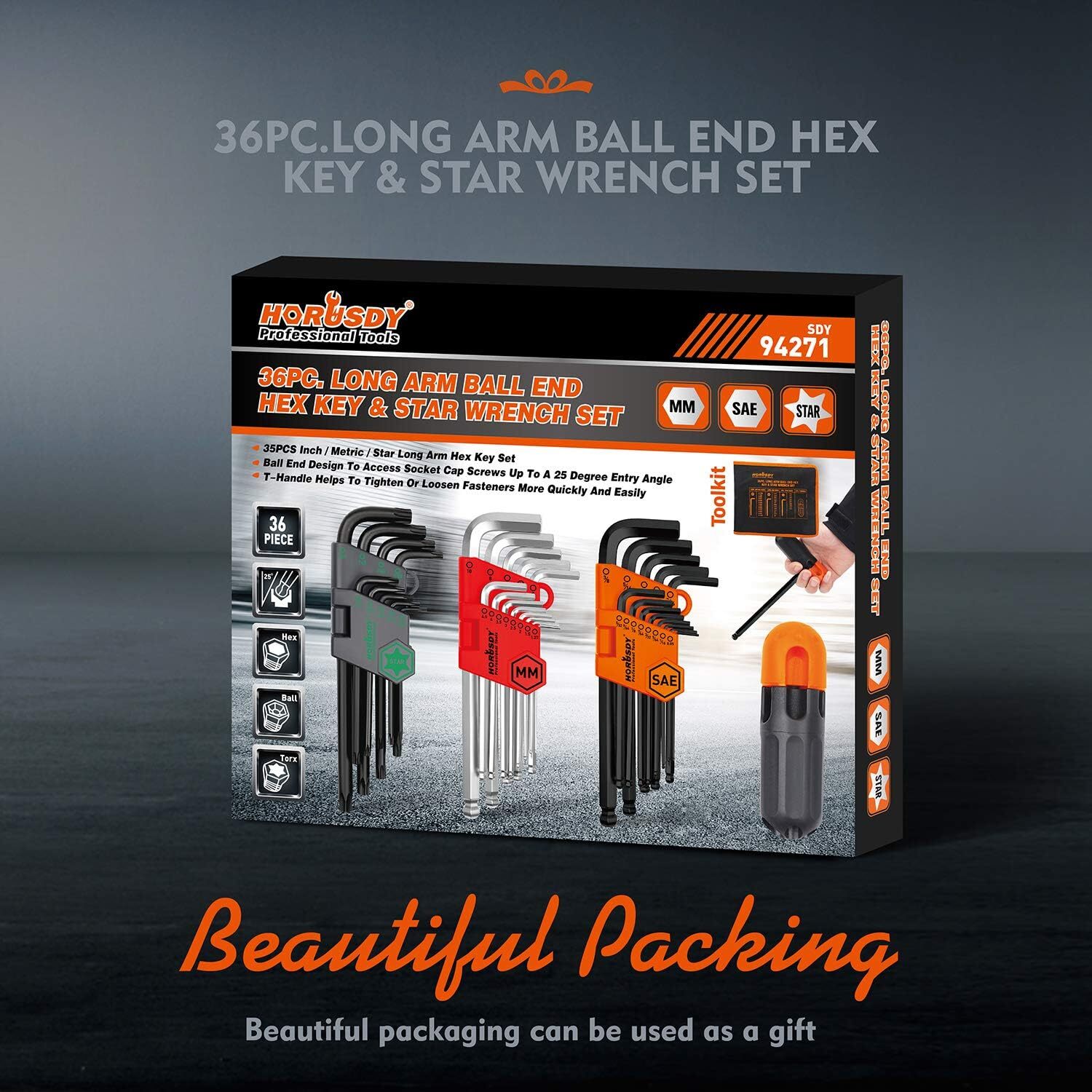 36 PC Long Arm Ball End Hex Key Allen Wrench Set Inch Metric Star With Bag Gift