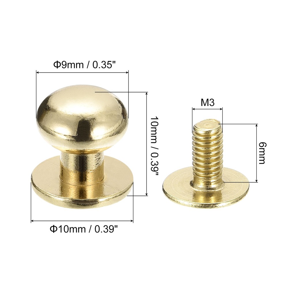 9mm Ball Head Stud Rivets Screw Back, 20Pack Round Head Button, Light Golden