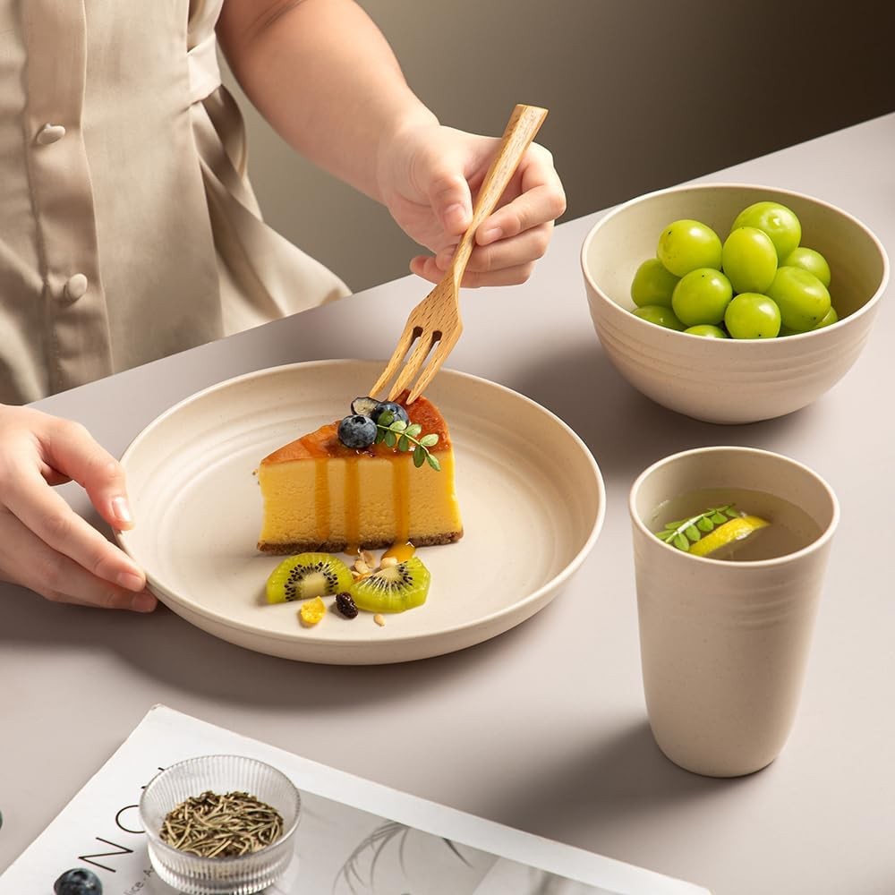 18PCS Wheat Straw Dinnerware Sets, Unbreakable Set Beige