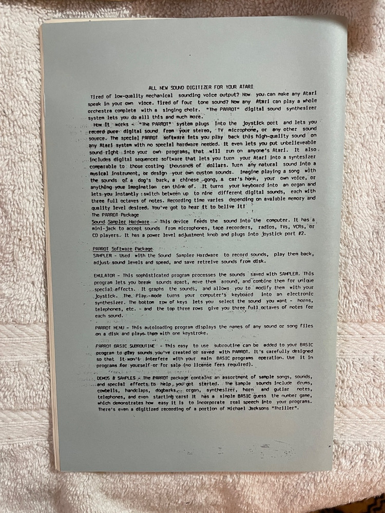 PARROT II - Atari 400/800 Computer Sound Digitizer/Recording Software w/ Sampler