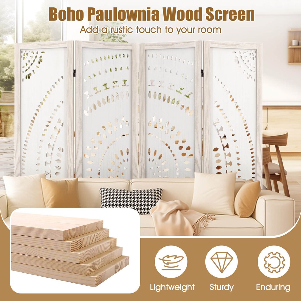 66" Boho 4-Panel Room Divider w/ Carved Pattern & Solid Wood Frame 360° Hinges