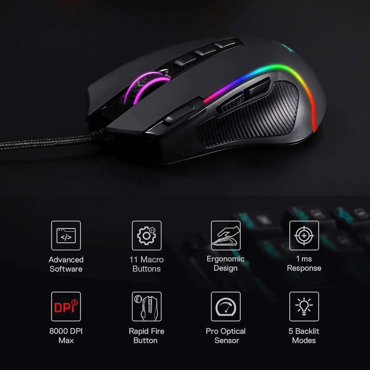 Redragon M612 Predator RGB Gaming Mouse, 8000 DPI Wired Optical Mouse