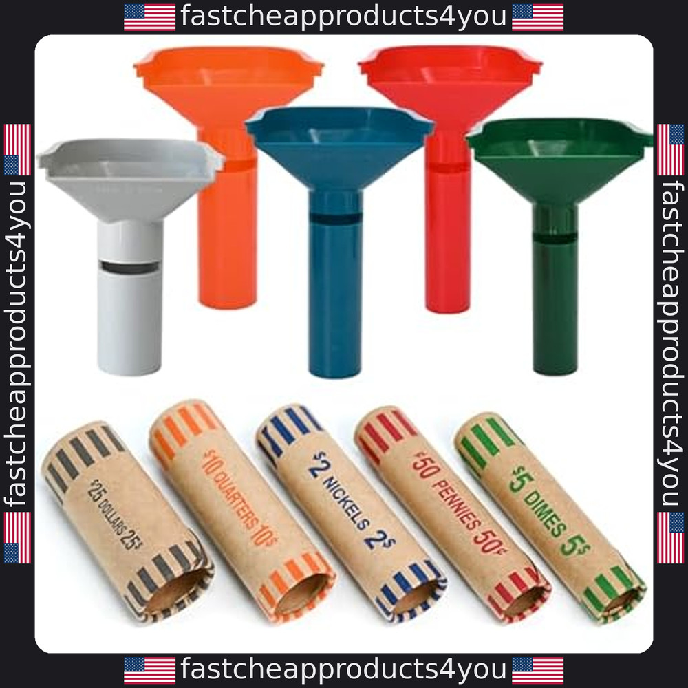 30 Assorted Coin Wrappers & 5 Color-Coded Sorter Tubes - Easy to Load!