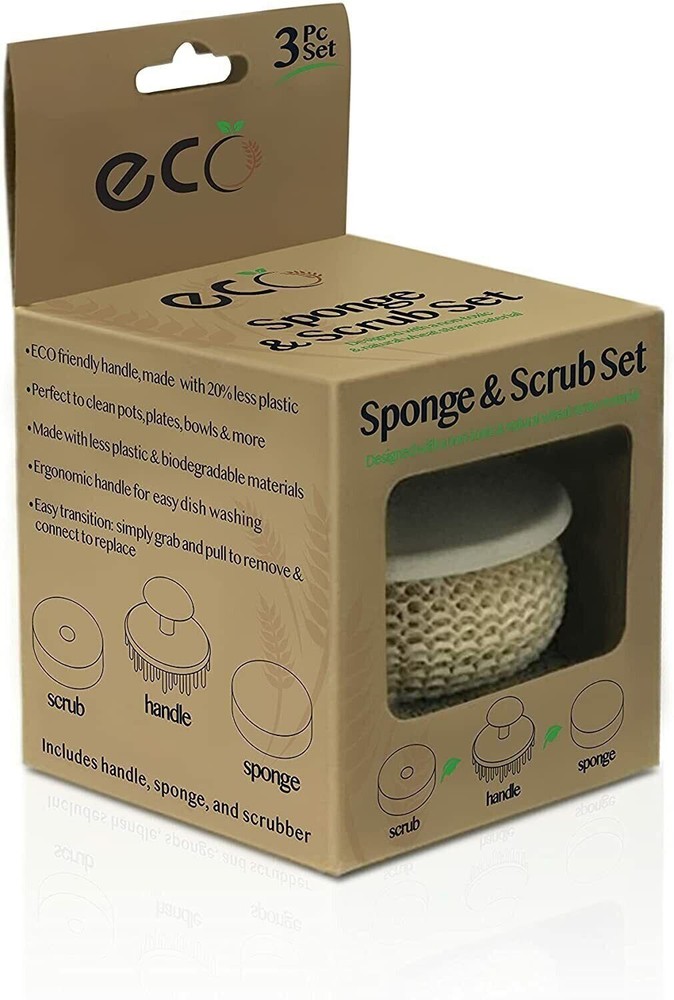 Eco Sponge and Scrub Set Interchangeable Cleaning 3pc Unit with Handle Kitchen
