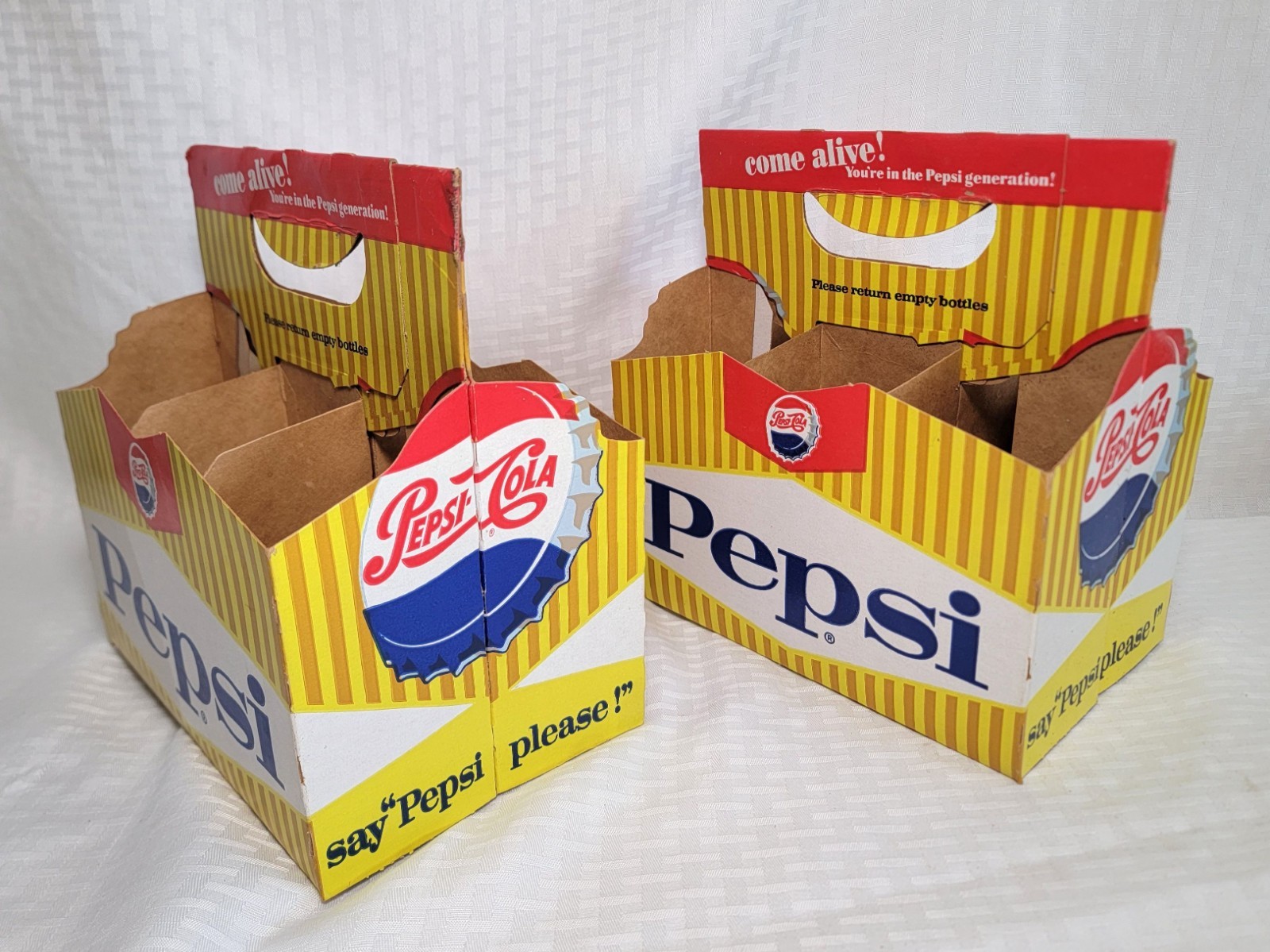 Vintage Pepsi Cardboard Carrier, Lot of 2, "Come Alive" Slogan, 1960s