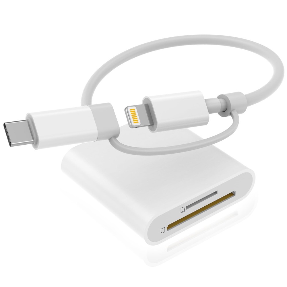 SD Card Reader for iPhone iPad, Dual Connector White ( Lightning 2Slot)