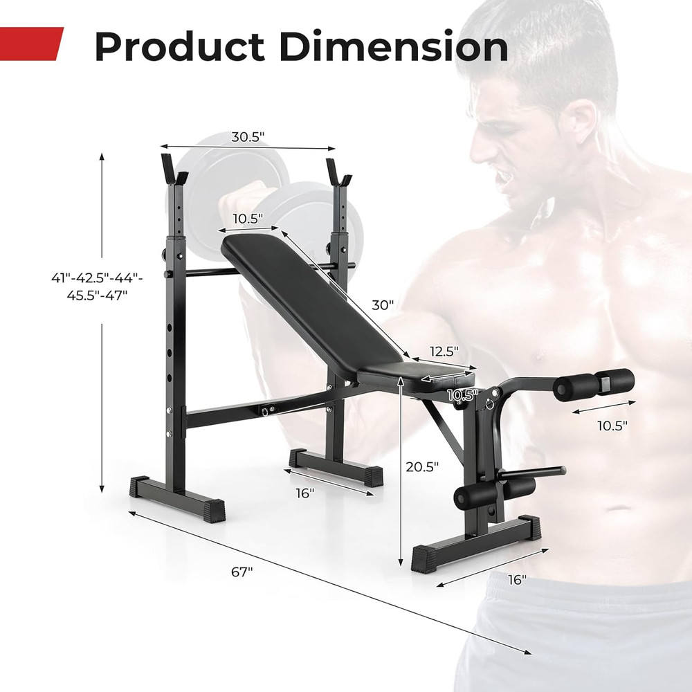 Adjustable Weight Bench, Foldable Weight Bench with Squat Racks, Leg Extension &