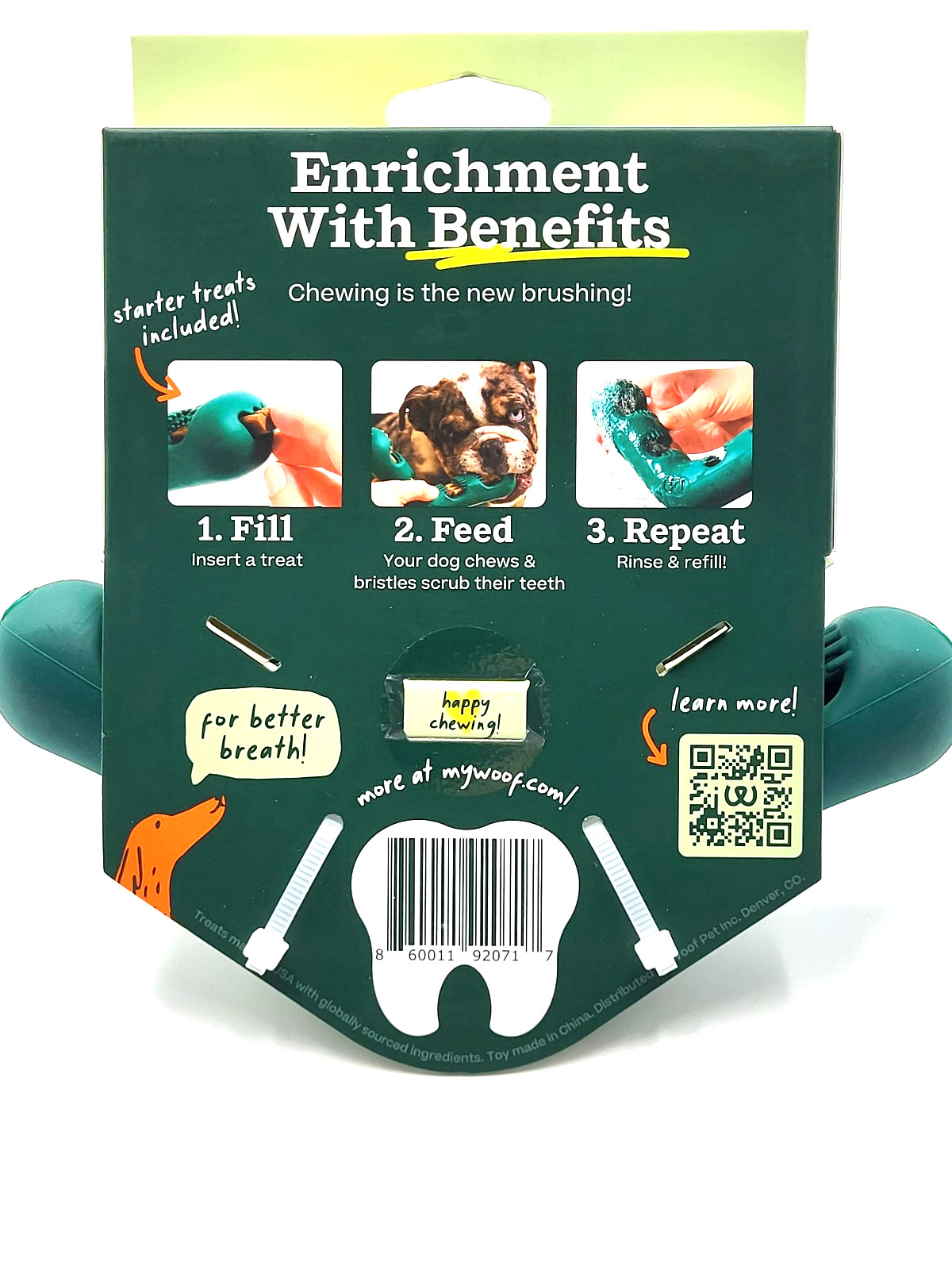 Woof Bite n' Brush Small Treat Holder Toothbrush Tough Non Toxic For Dogs 7"