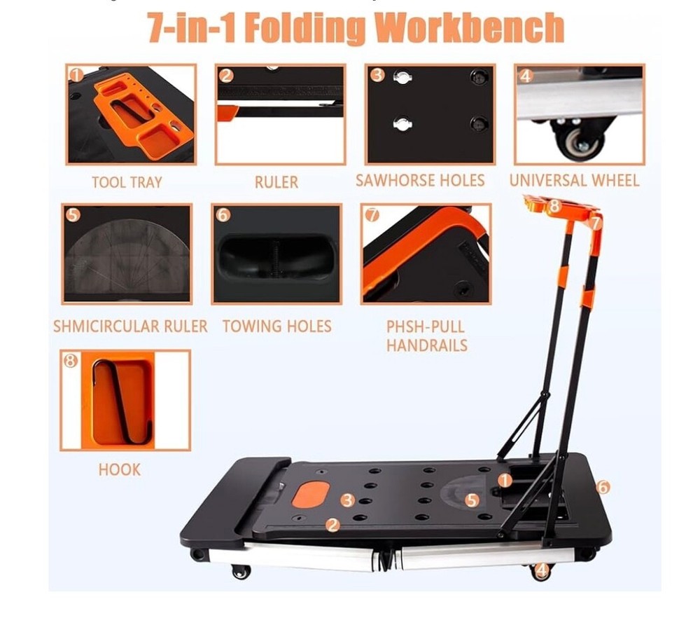 7 in 1 Folding Workbench with Wheels, Multipurpose Heavy Duty Workbench