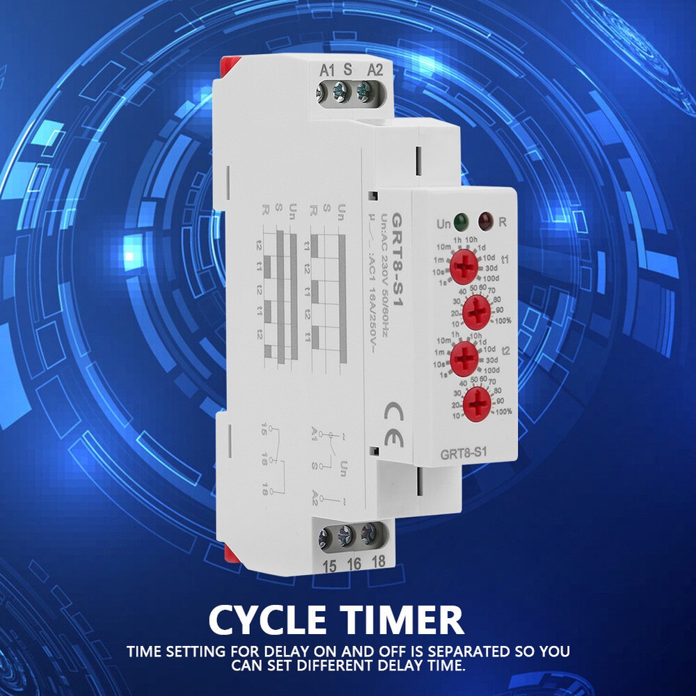 GRT8-S1 Mini Asymmetric Cycle Timer ON/OFF Repeat Cycle Time Relay AC 230V