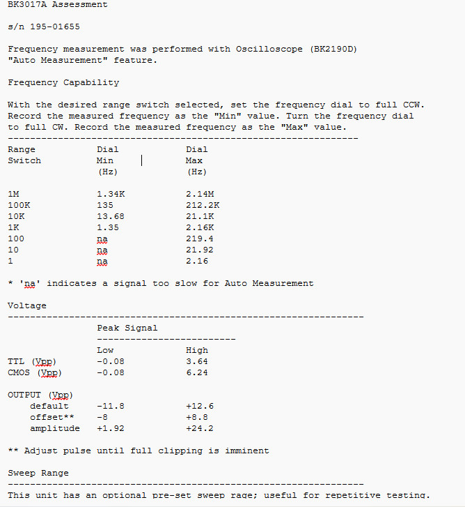 Function Generator; with sweep - model BK3017A, Working
