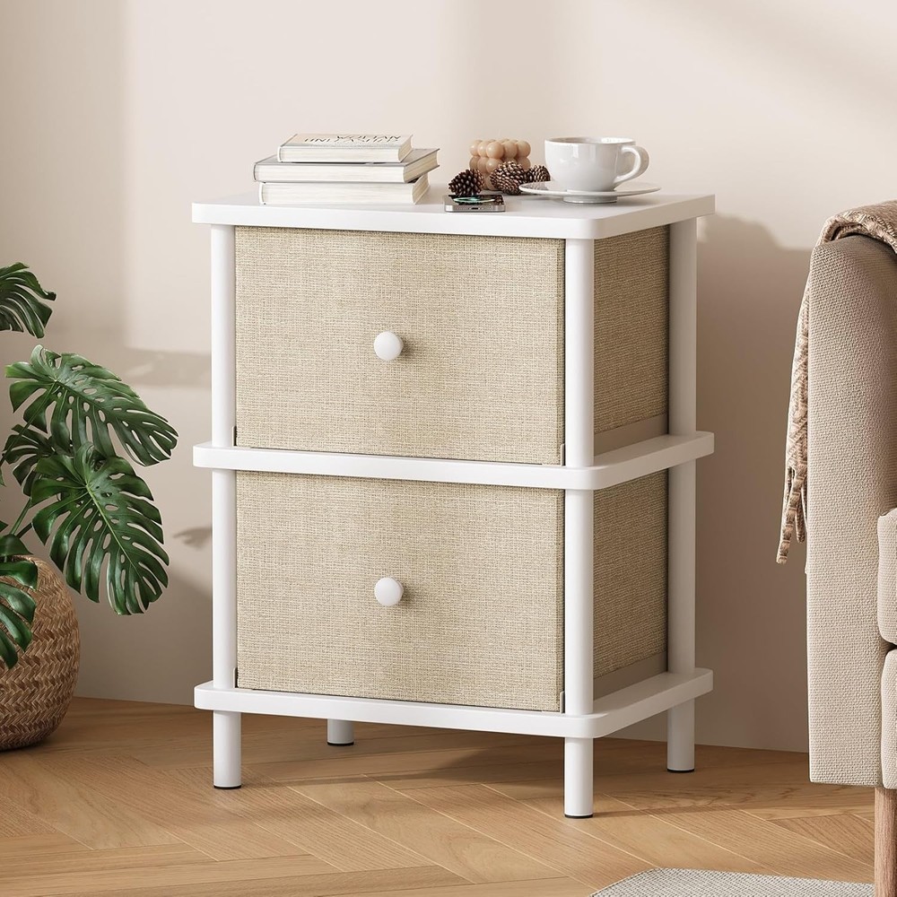 Nightstand W/ 2 Storage Drawers Boho Side Table W/ Solid Wood Legs End Table
