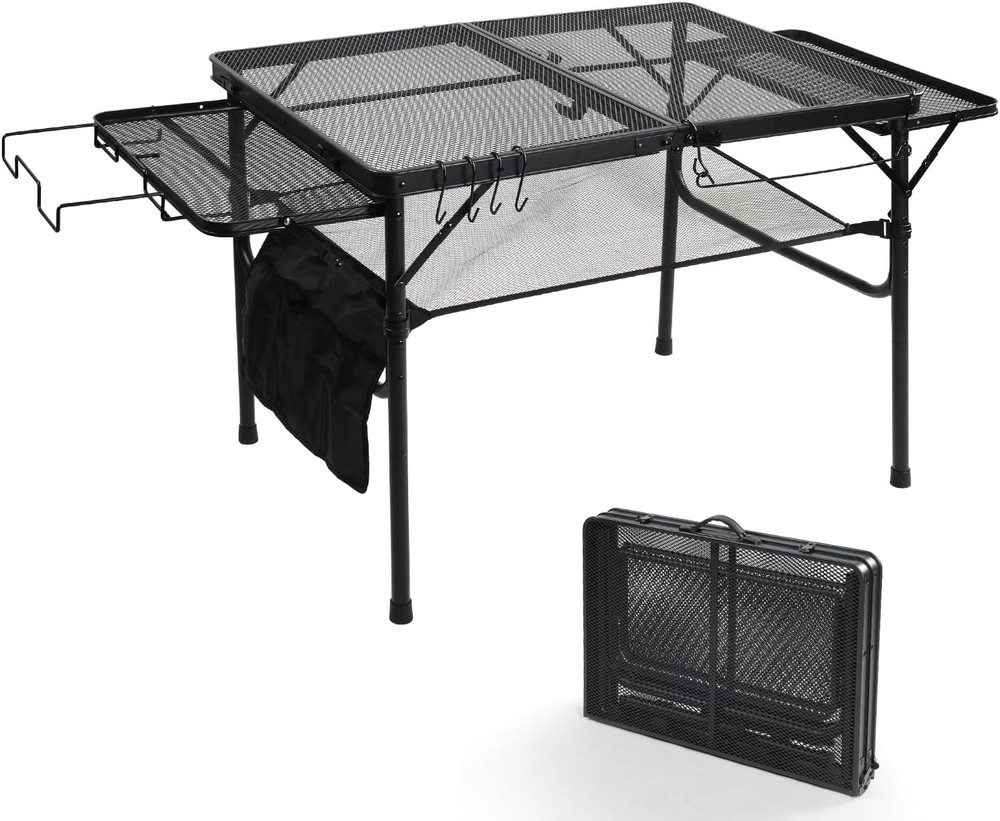 3ft Folding Camping Table W/Wing Panels Adjustable Height Metal Grill Prep Table