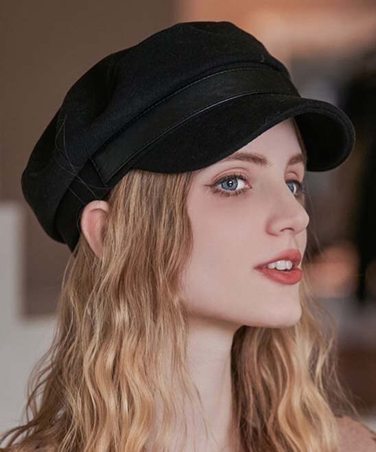 Black Women's Beret Hat w/ Chain Decorated Peaked Cap Newspaper Hat Vintage