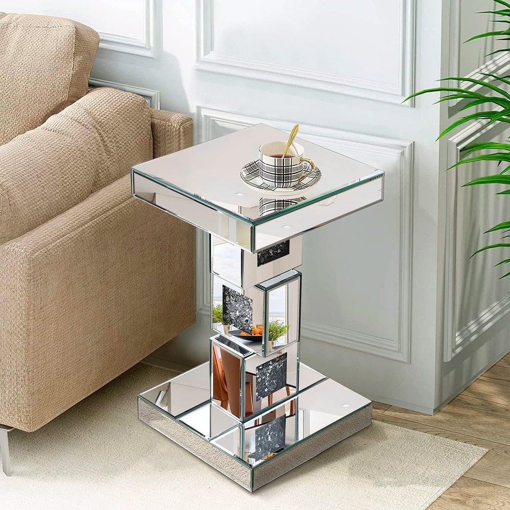 20"Silver Mirrored End Table With Crystal Inlay, Modern Side Table Accent Table