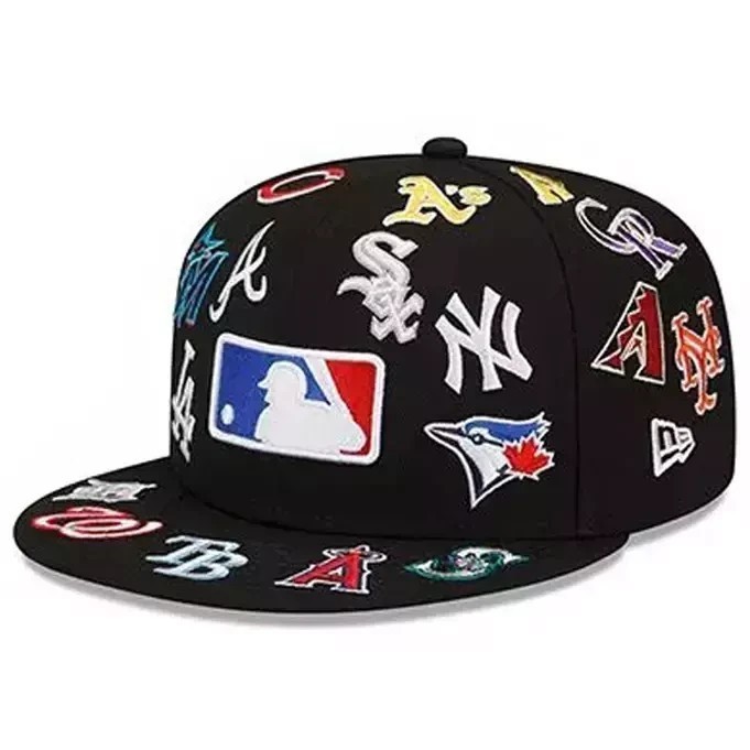 MLB Teams Patch Logos All-Over Black/White 59FlFTY Fitted Cap-5950 Hat
