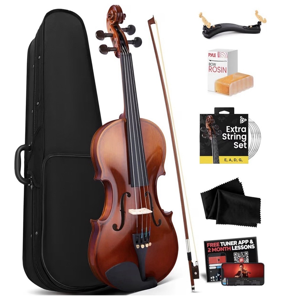Pyle 1/4 Size Beginner Violin Starter Kit w/ Travel Case & Bow, Extra Strings
