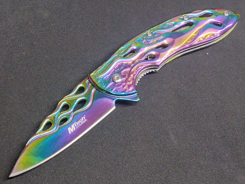 MTECH Assisted Opening Pocket Knife Rainbow Flame Cutout Fire Pattern Blade EDC
