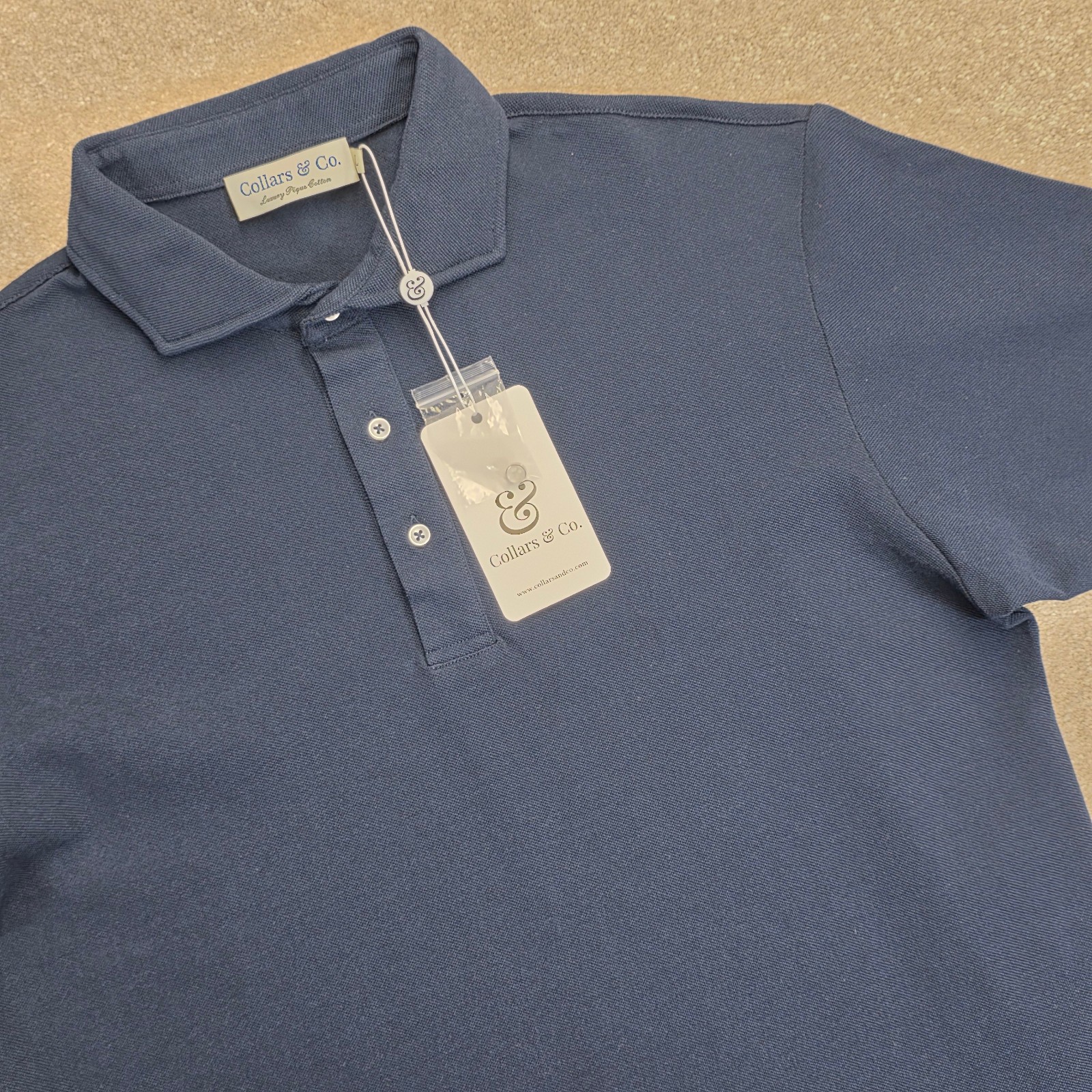 Collars and Co Mens Portofino Luxury Pique Cotton Short Sleeve Polo Size L Navy