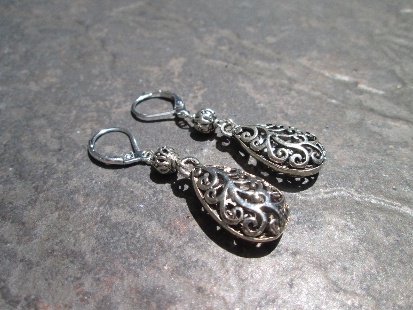 Silver Filigree Teardrop Earrings with Sterling Silver Leverbacks