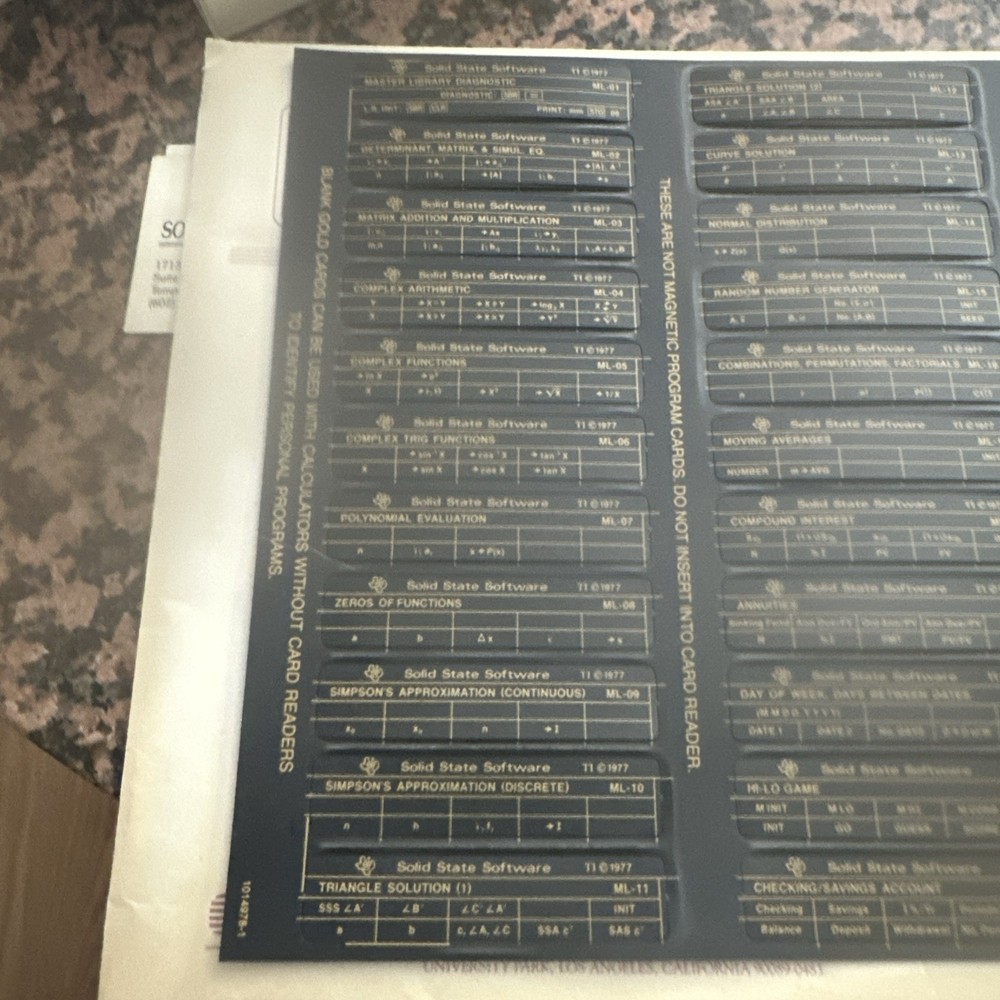 Vtg Texas Instruments TI-58C Master Library Program Label Cards Unpunched Nos