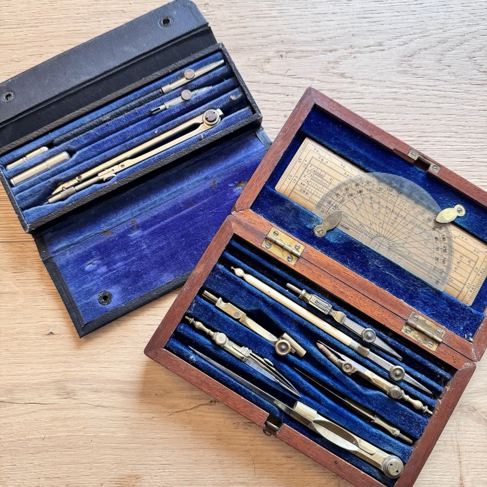 Antique Technical Drawing Set In Wooden Case & Another As Found