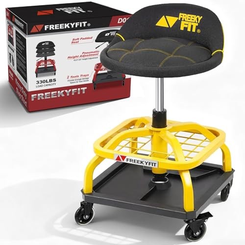 Rolling Shop Stool with Wheels, Garage Work Mechanic Stool with Yellow