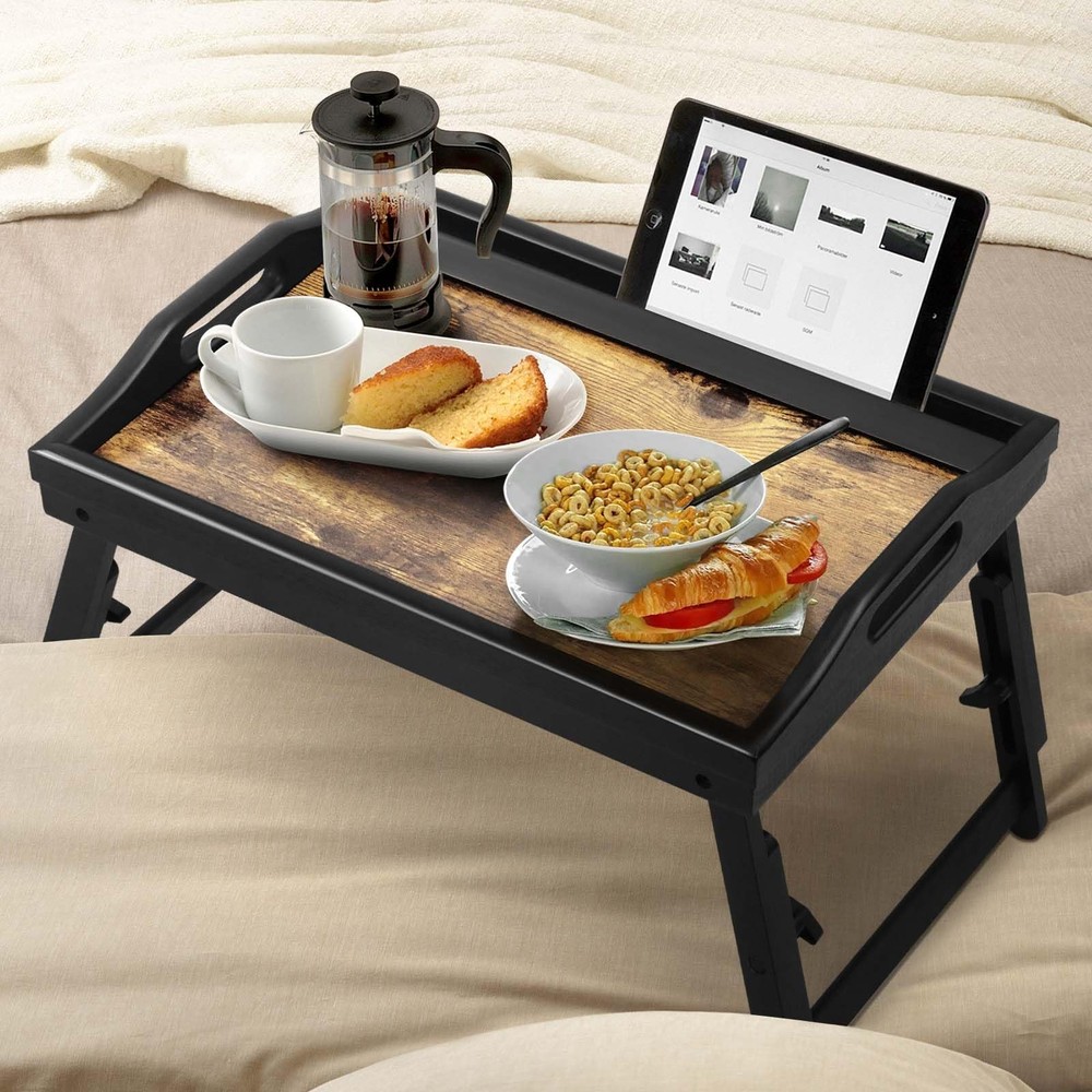 2 Pack Bed Tray Table with Adjustable Legs Breakfast Trays Serving Tray Bambo...