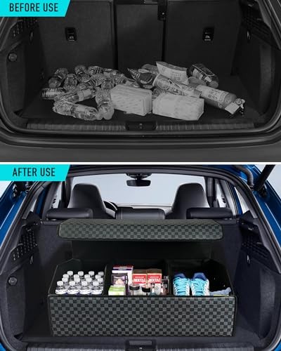 Trunk Organizer for SUV - Leather Storage Box, Magnetic Extra Large Checked