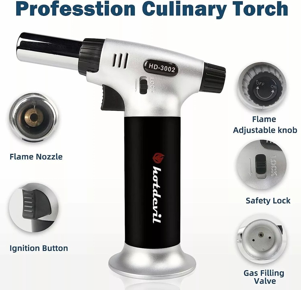 Hotdevil Butane Adjustable Flame Torch 9g Refillable Tank Cooking Lighter Blow