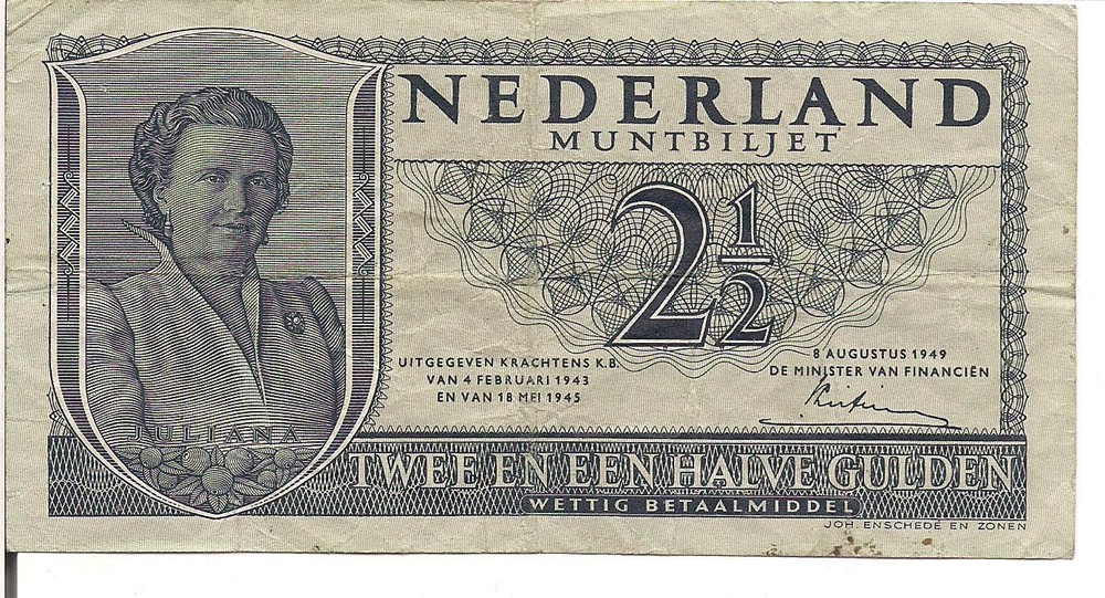 NETHERLANDS, 2 1/2 GULDEN, 1949