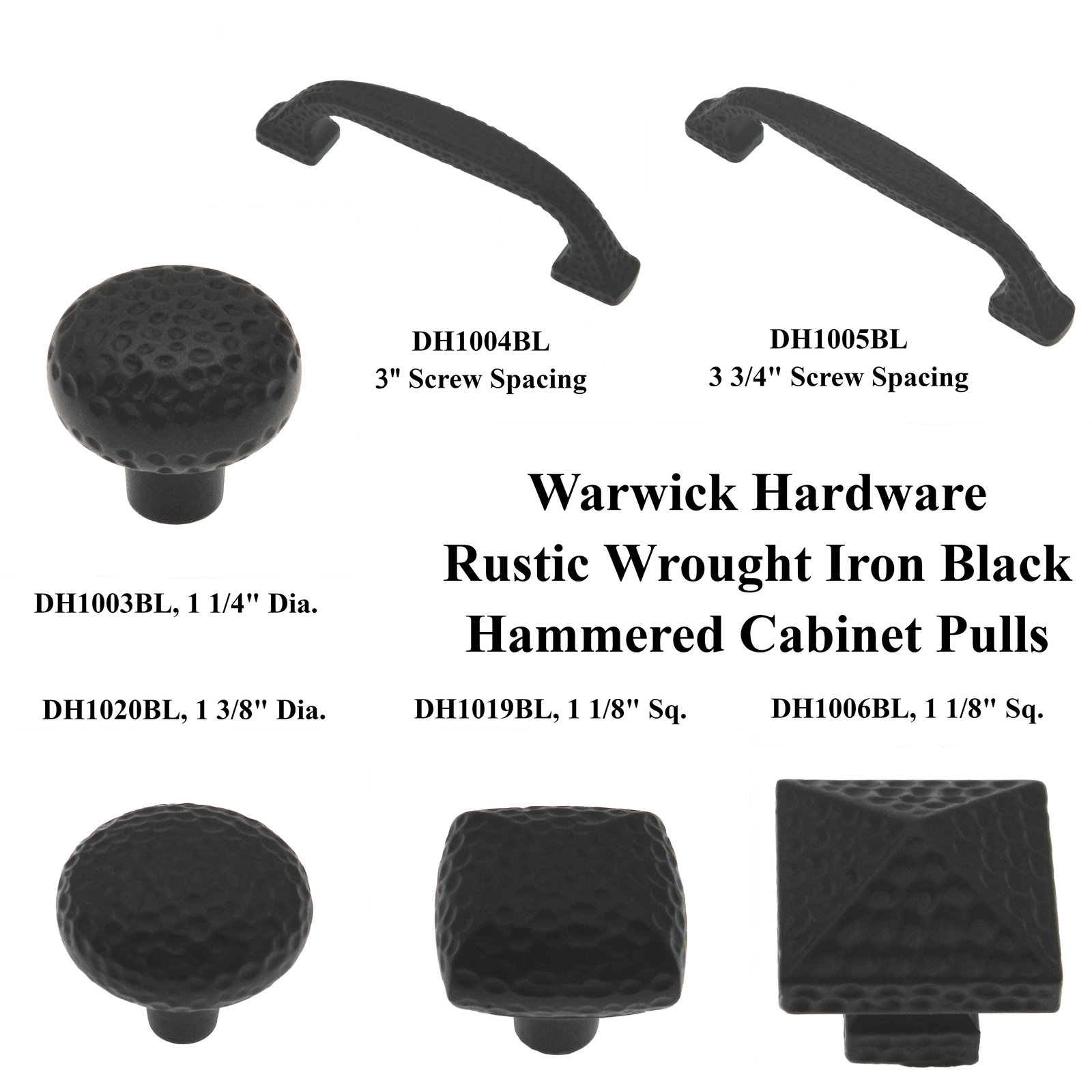 Warwick Rustic Wrought Iron Black Hammered Cabinet Knob and Handle Pulls
