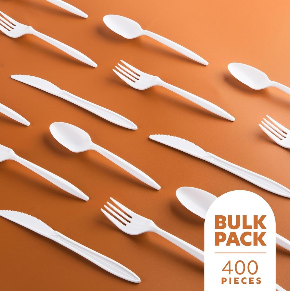 PLASTICPRO 400 Pack Disposable Plastic Utensils Assorted Colored White