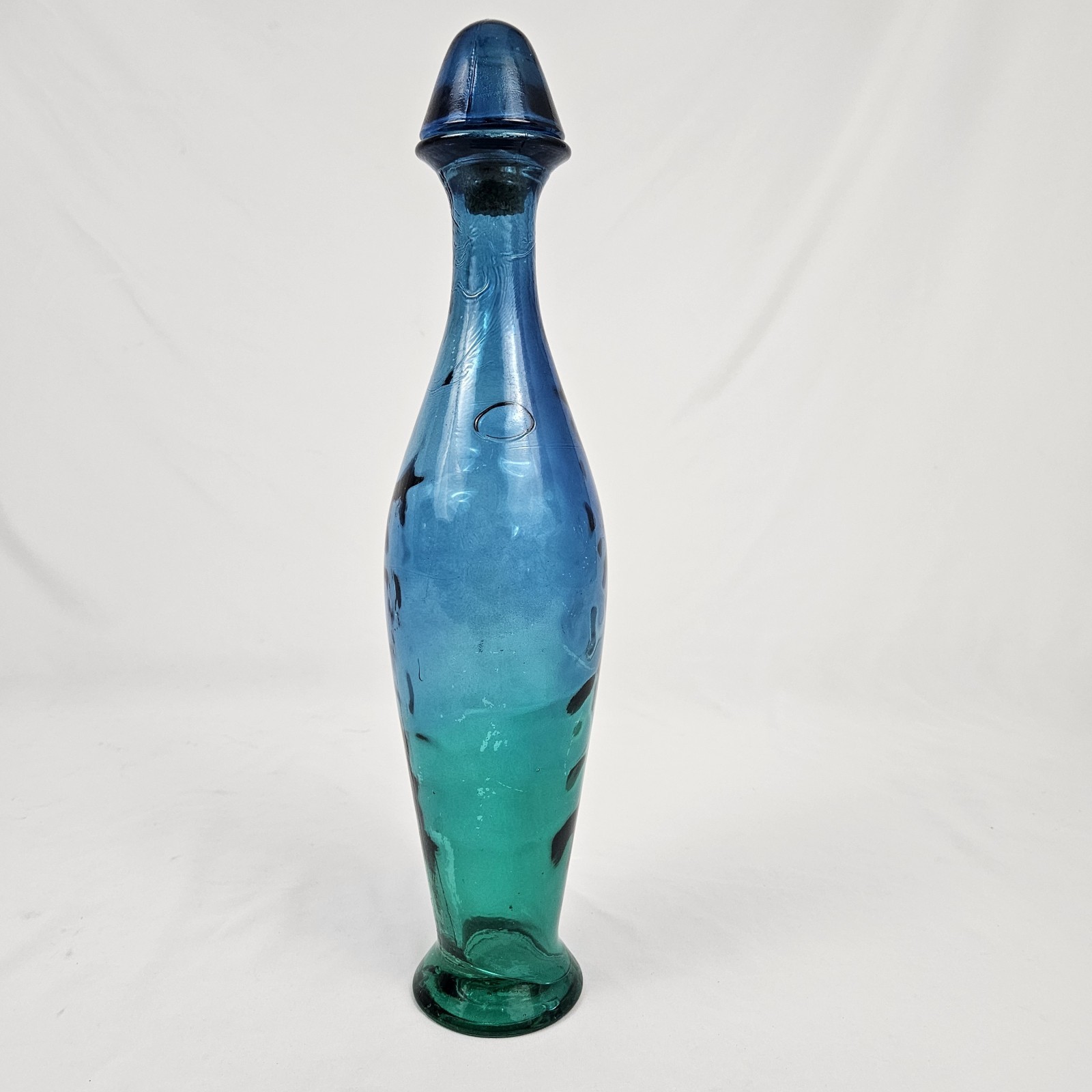 Vintage Blown Glass Decanter Genie Bottle 19” Tall W/ Stopper Blue Flash Pier 1